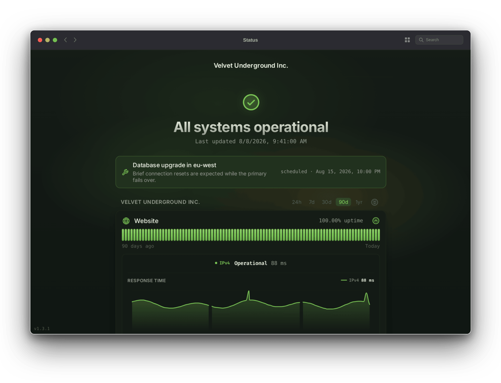 A Velvet status page showing services, uptime bars, and a response-time chart