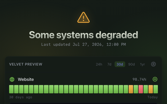 The Sunny Spring theme on a Velvet status page