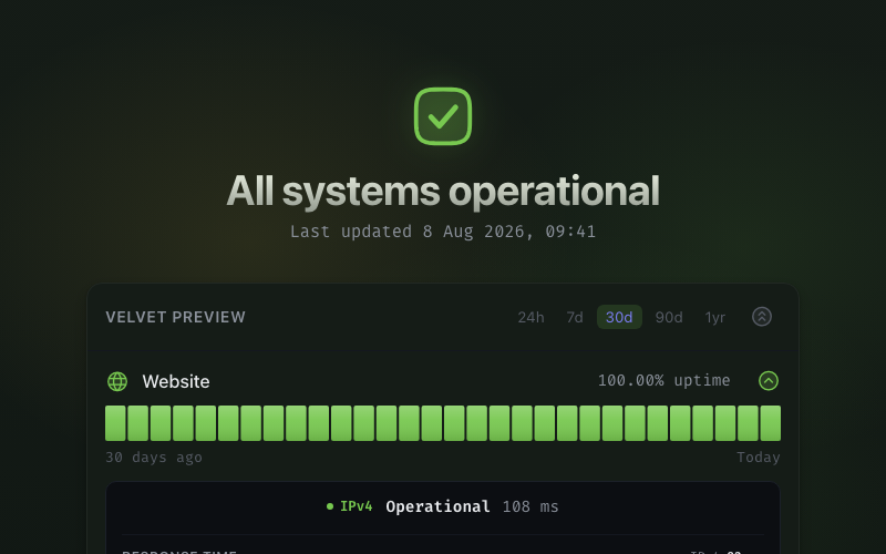 The Sunny Spring theme on a Velvet status page