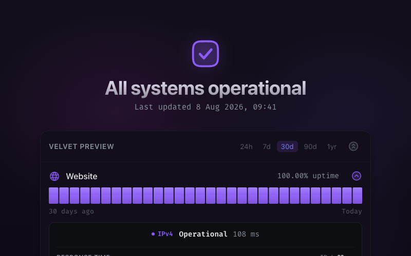 The Violet Velvet theme on a Velvet status page